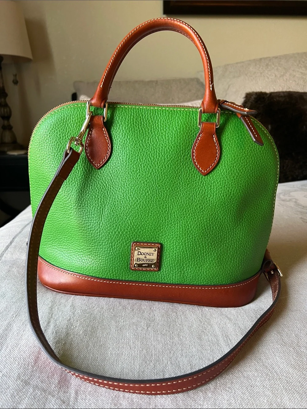 Dooney & Bourke Green Pebbled Leather Satchel with Brown Trim and Strap